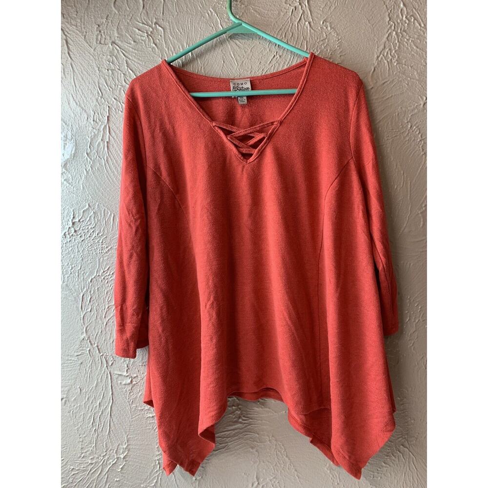 Como Vintage Women's Sweater Size XXL Orange Lace Up‎ V Neck Sharkbite Hem